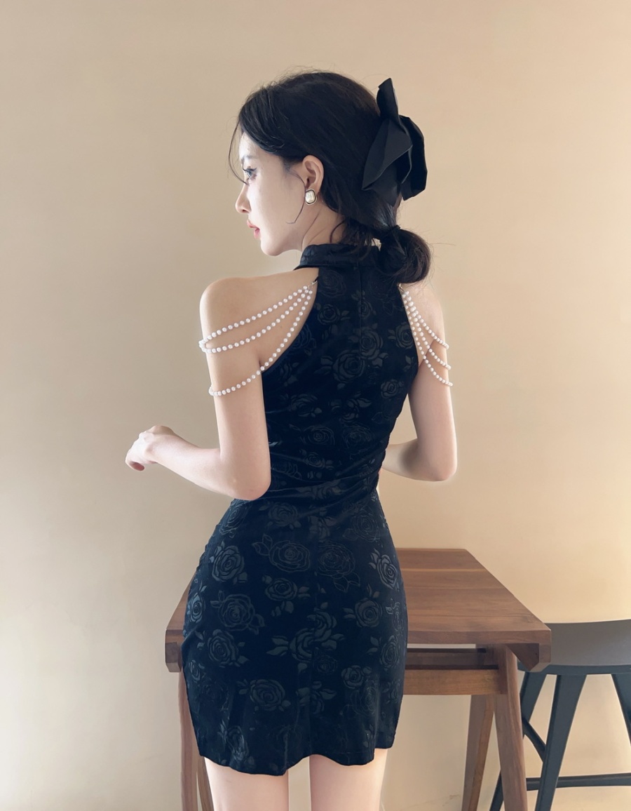 Embossing velvet cheongsam Chinese style split dress