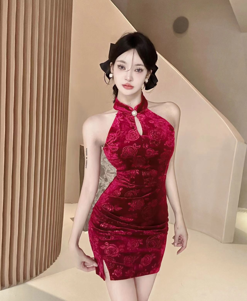 Embossing velvet cheongsam Chinese style split dress