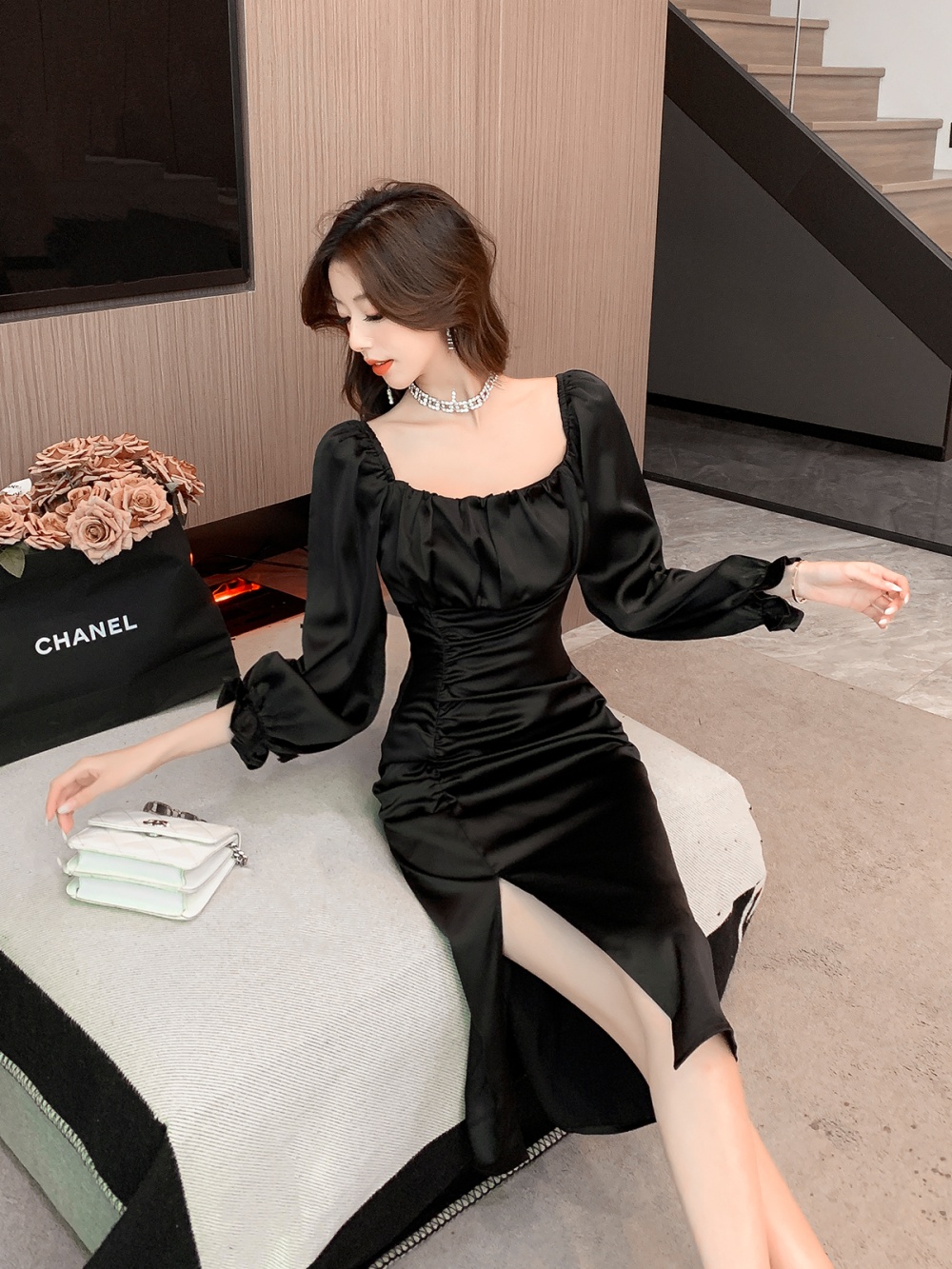 Sexy light luxury dress black ladies formal dress