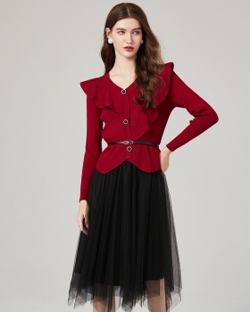 Gauze irregular skirt knitted lace cardigan 2pcs set