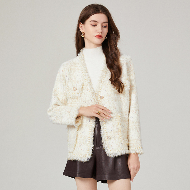 Coarse flower light luxury cardigan tassels thick coat