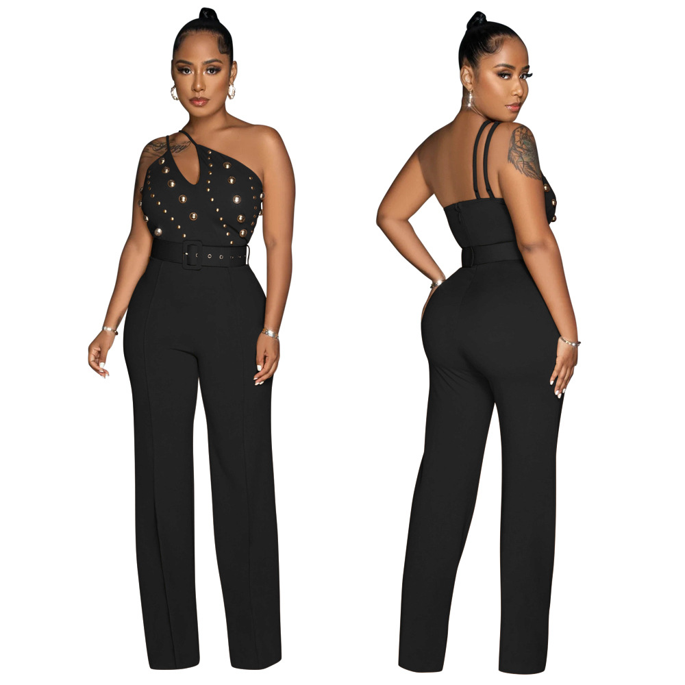 European style fashion jumpsuit slim shoulder wide leg pants