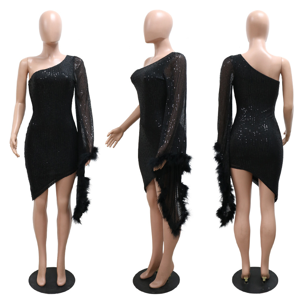 Package hip sequins irregular oblique collar dress