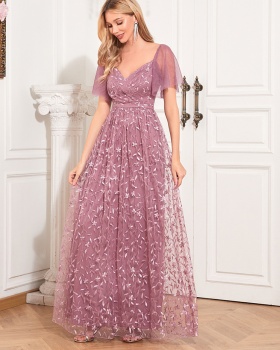 Gauze lined dress short sleeve embroidery evening dress