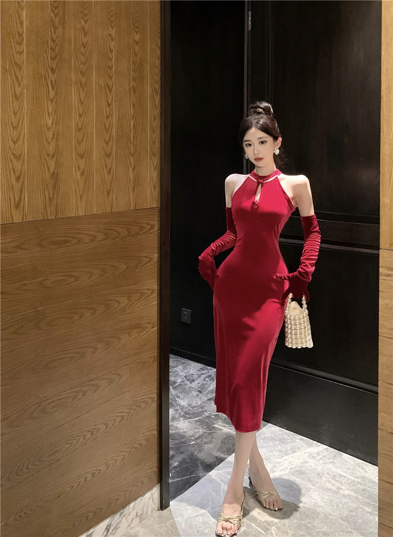 Velvet light luxury dress niche formal dress for women