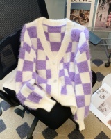 Mixed colors short sweater plaid cardigan for women