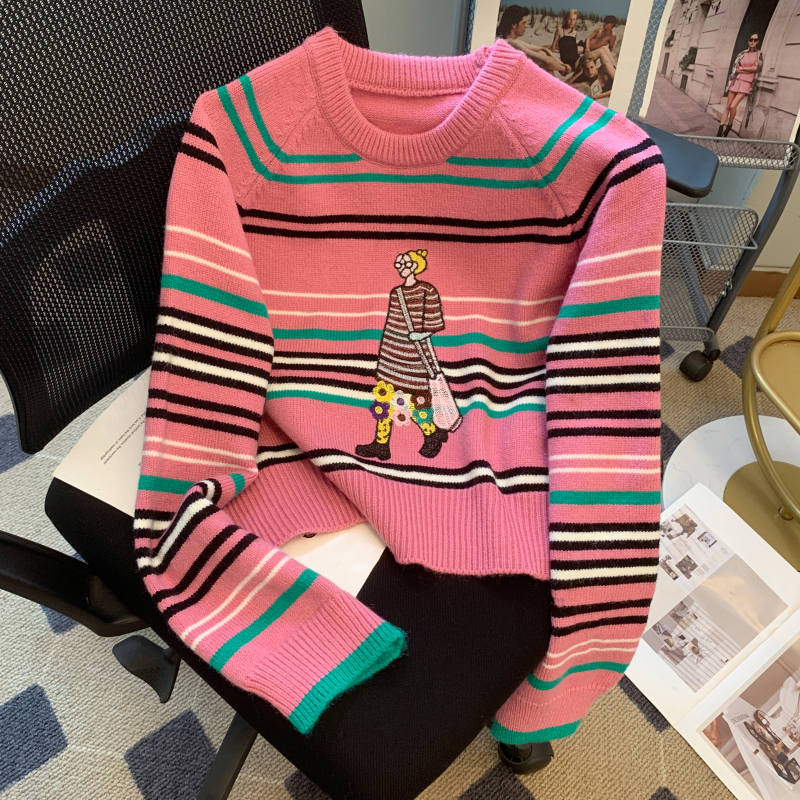 Short stripe mixed colors sweater pink lazy tops for women