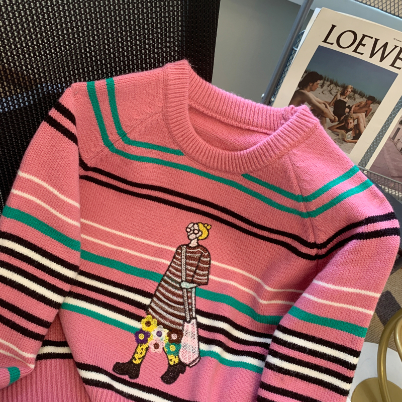 Short stripe mixed colors sweater pink lazy tops for women