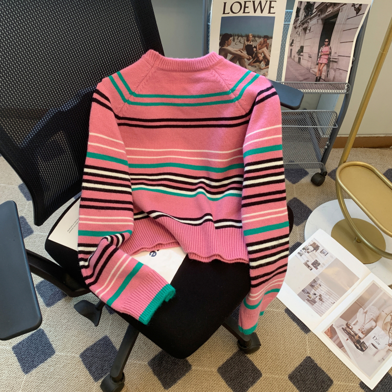 Short stripe mixed colors sweater pink lazy tops for women