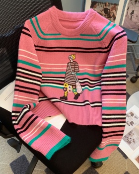 Short stripe mixed colors sweater pink lazy tops for women