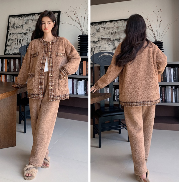 Long sleeve retro long pants coral velvet coat a set for women