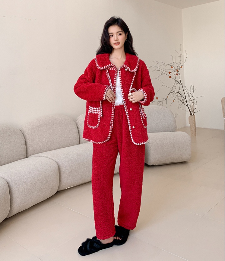 Thermal lapel long pants coral velvet coat a set for women