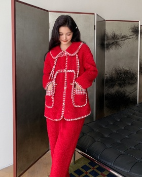 Thermal lapel long pants coral velvet coat a set for women