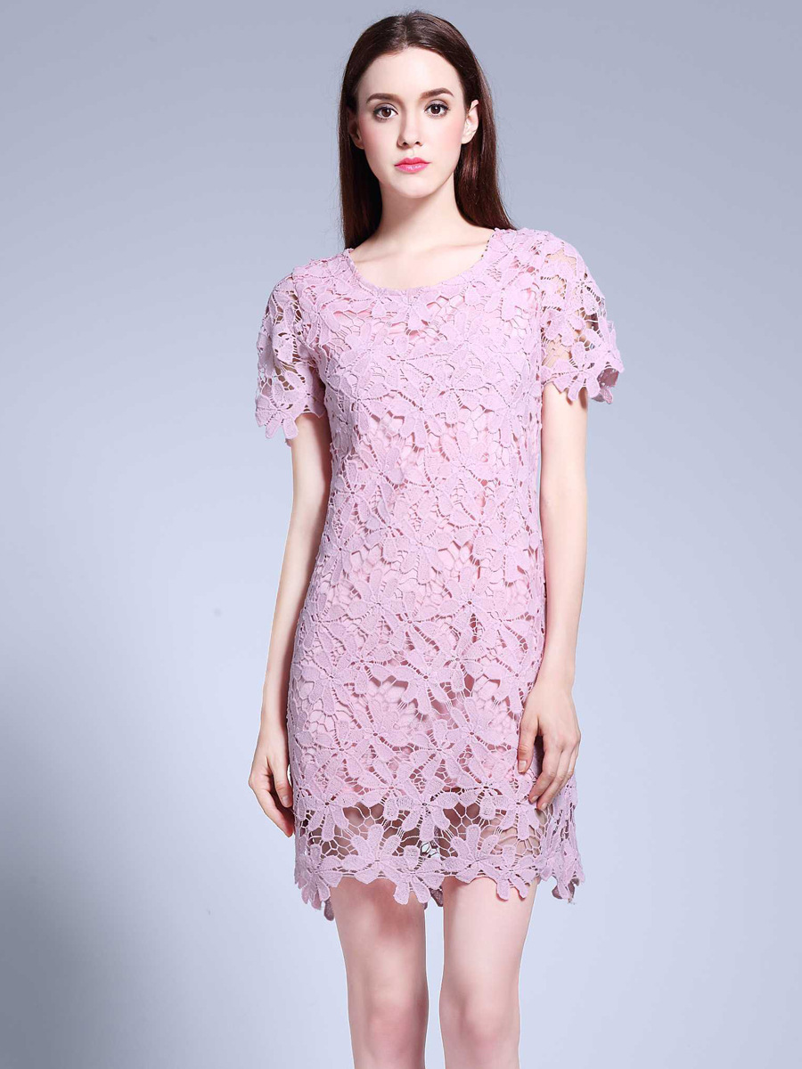 A-line loose embroidered lace round neck large yard dress