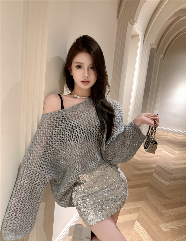 Strapless hollow sweater package hip lazy skirt 2pcs set