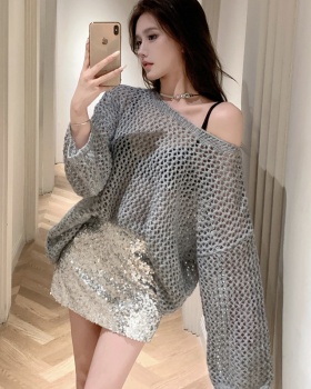 Strapless hollow sweater package hip lazy skirt 2pcs set