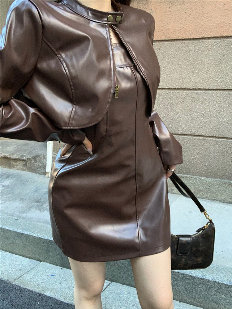 Short spicegirl leather coat locomotive coat 2pcs set