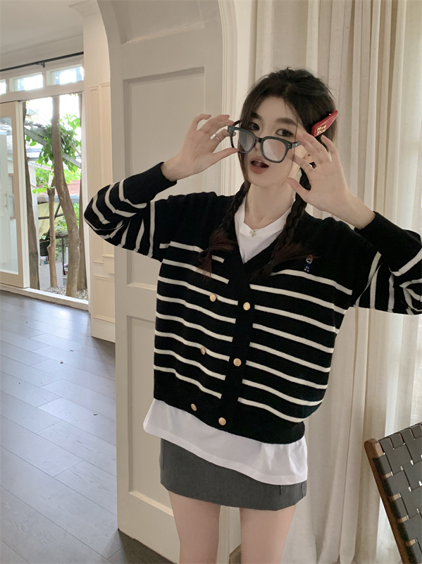 Loose autumn knitted coat stripe unique lazy sweater