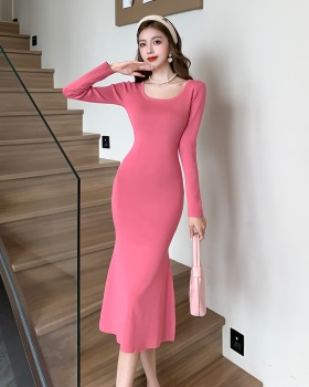 Slim knitted Korean style square collar dress for women
