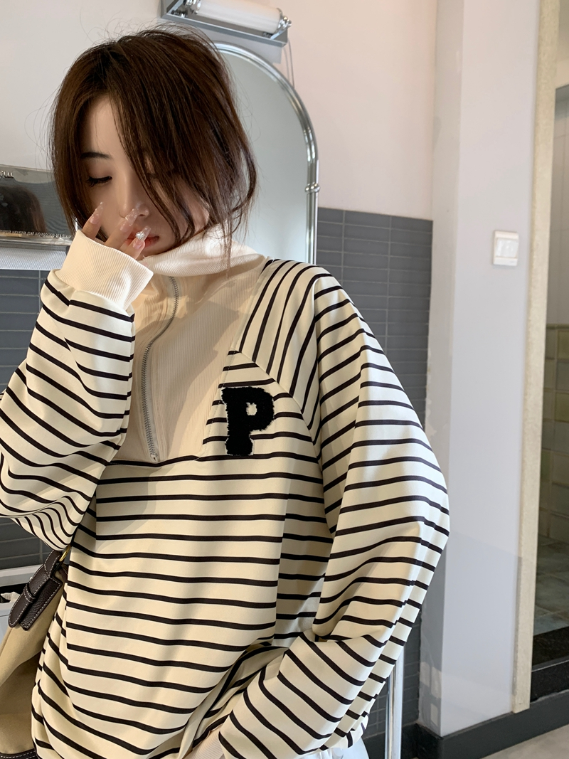 Half zip stripe tops niche small fellow hoodie for women