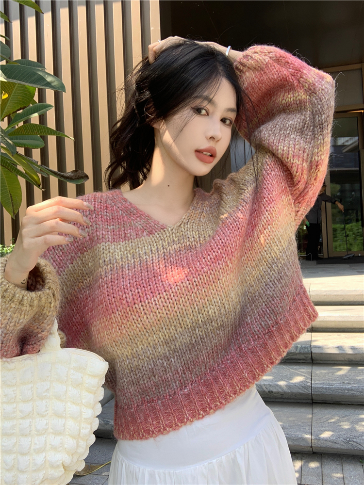 Slim lazy long sleeve V-neck gradient pullover loose sweater