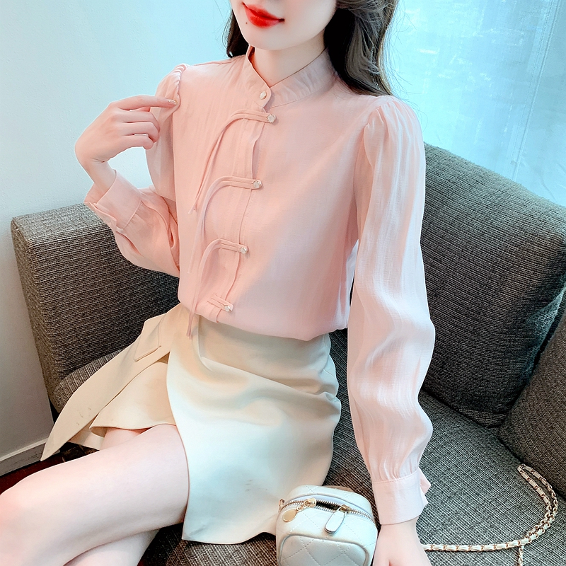 Chinese style pink tops puff sleeve shirt for women