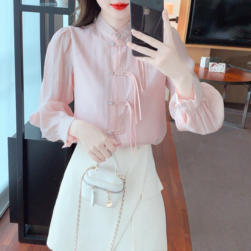 Chinese style pink tops puff sleeve shirt for women