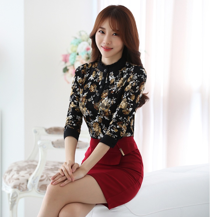 Lace long sleeve shirts all-match printing tops for women