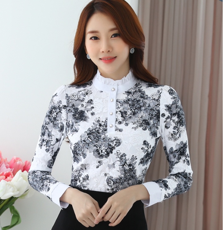 Lace long sleeve shirts all-match printing tops for women