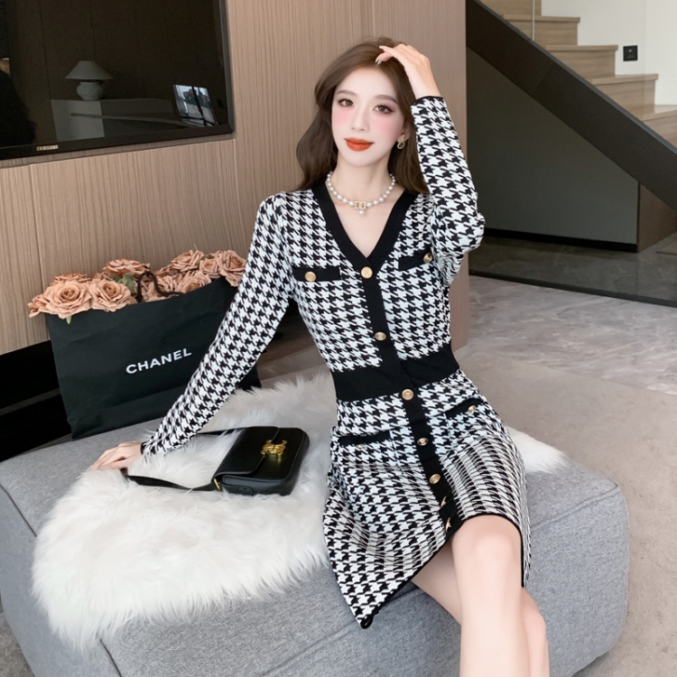 Houndstooth knitted knitwear A-line fashion pinched waist dress