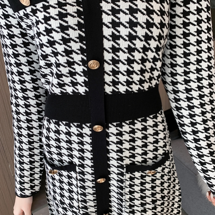 Houndstooth knitted knitwear A-line fashion pinched waist dress