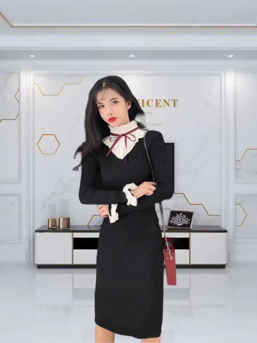 Ladies France style long dress knitted slim sweater