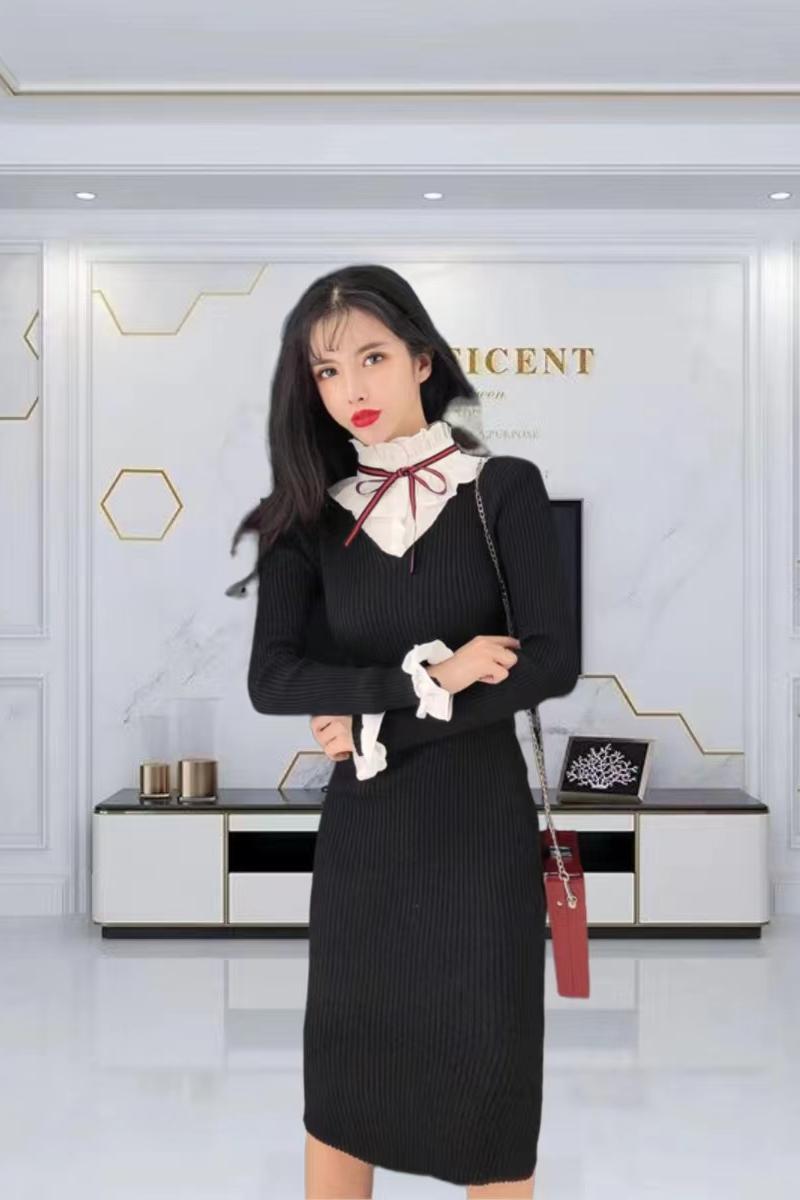 Ladies France style long dress knitted slim sweater