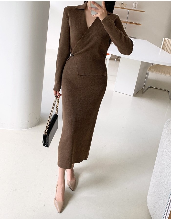 Slim Korean style a buckle retro package hip knitted dress