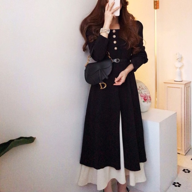 Korean style autumn splice Pseudo-two with belt long dress