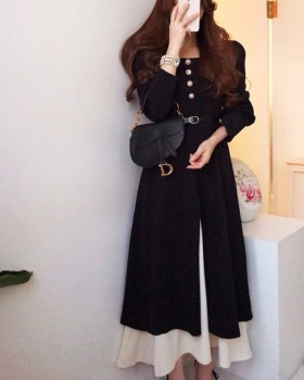 Korean style autumn splice Pseudo-two with belt long dress