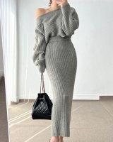 Package hip high waist sweater flat shoulder skirt a set