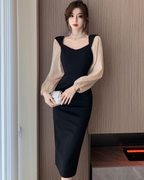 Split stunning formal dress black mixed colors long dress