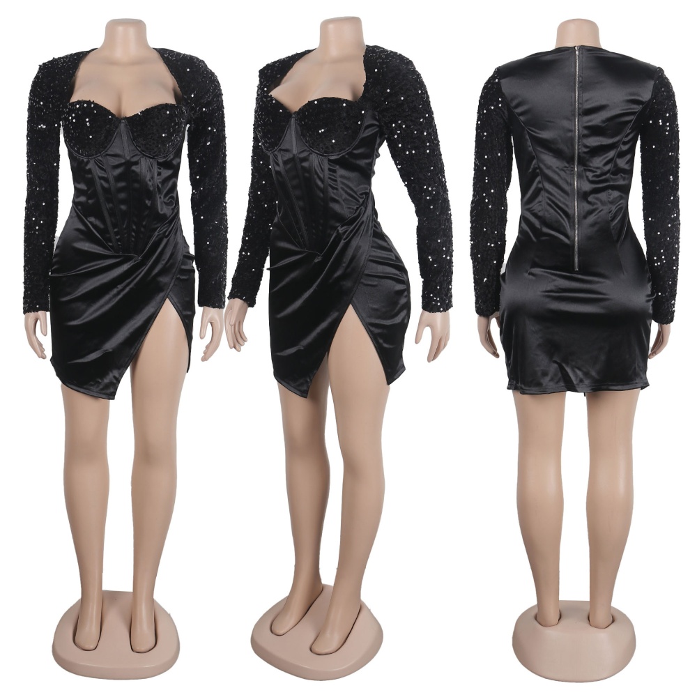 Generous collar slim package hip sequins split dress