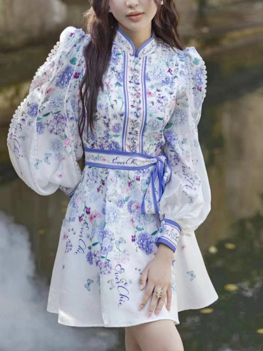 Floral lantern sleeve cstand collar dress