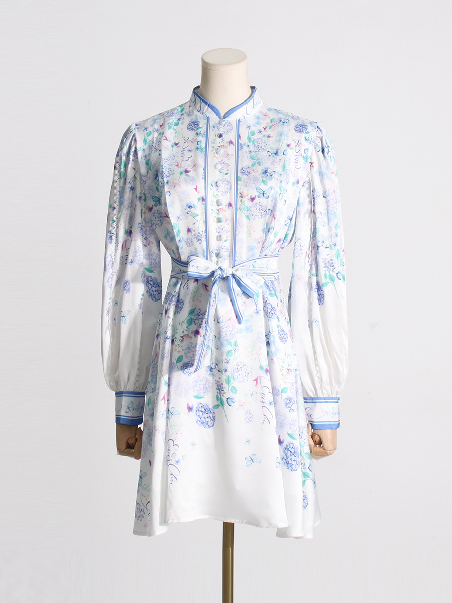 Floral lantern sleeve cstand collar dress