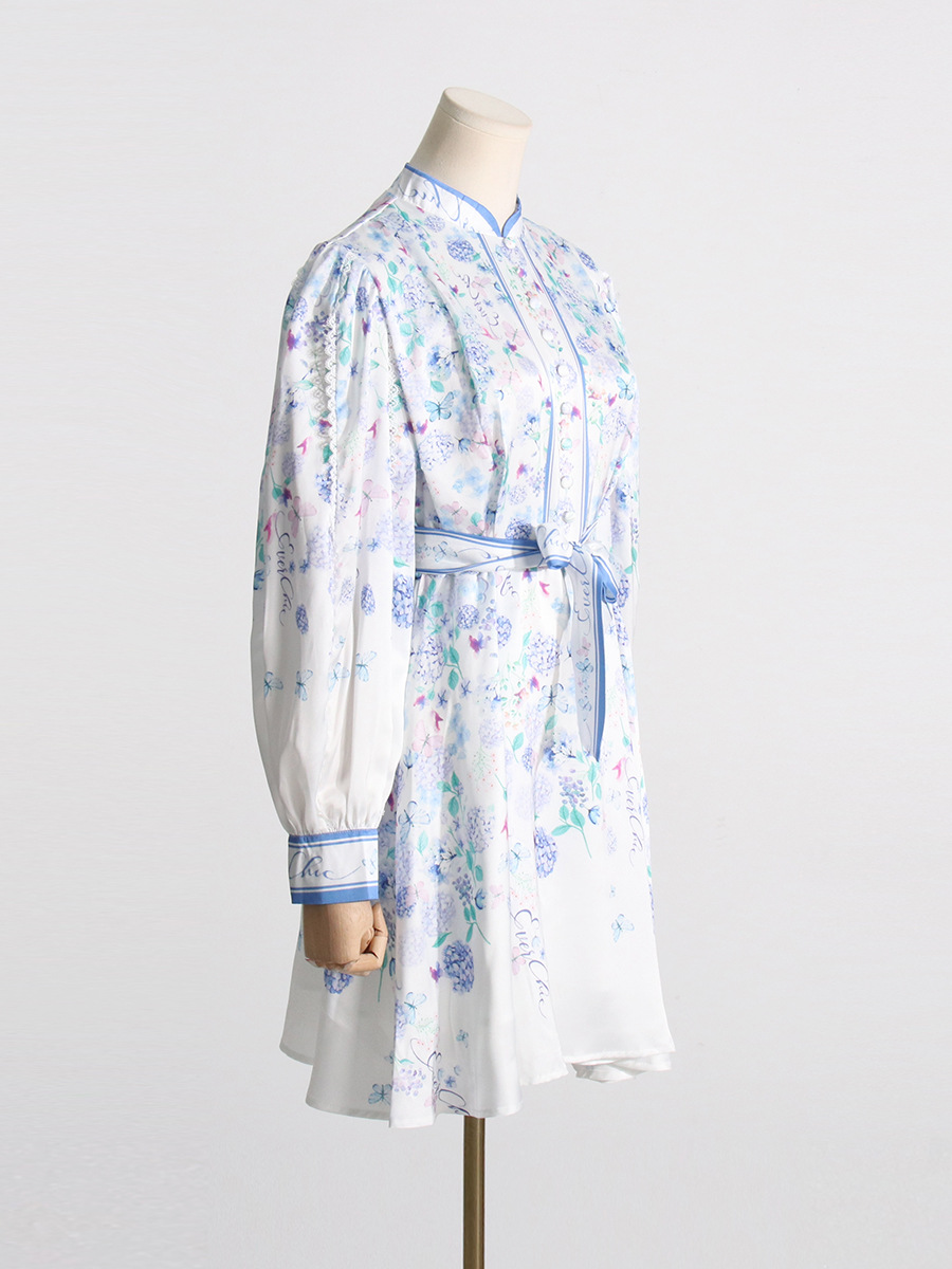 Floral lantern sleeve cstand collar dress