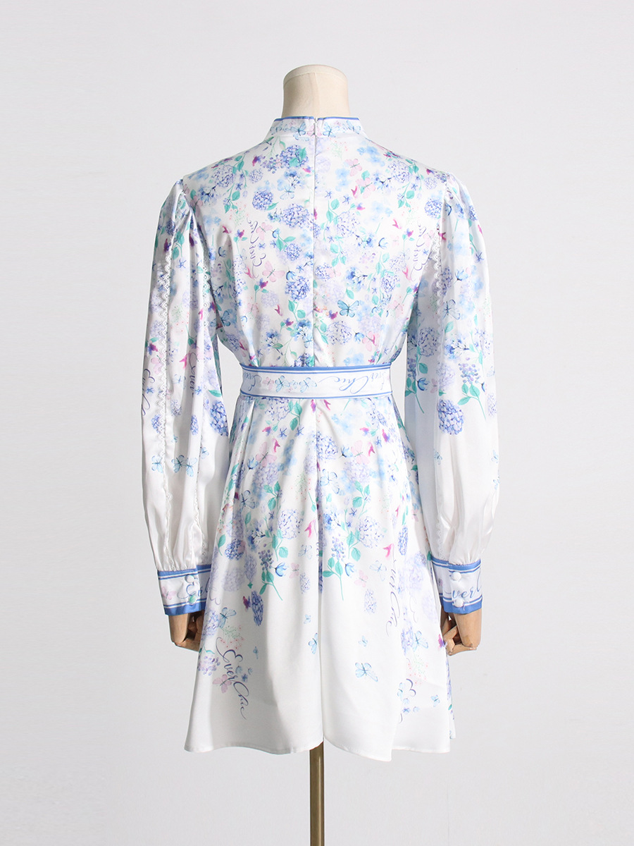 Floral lantern sleeve cstand collar dress