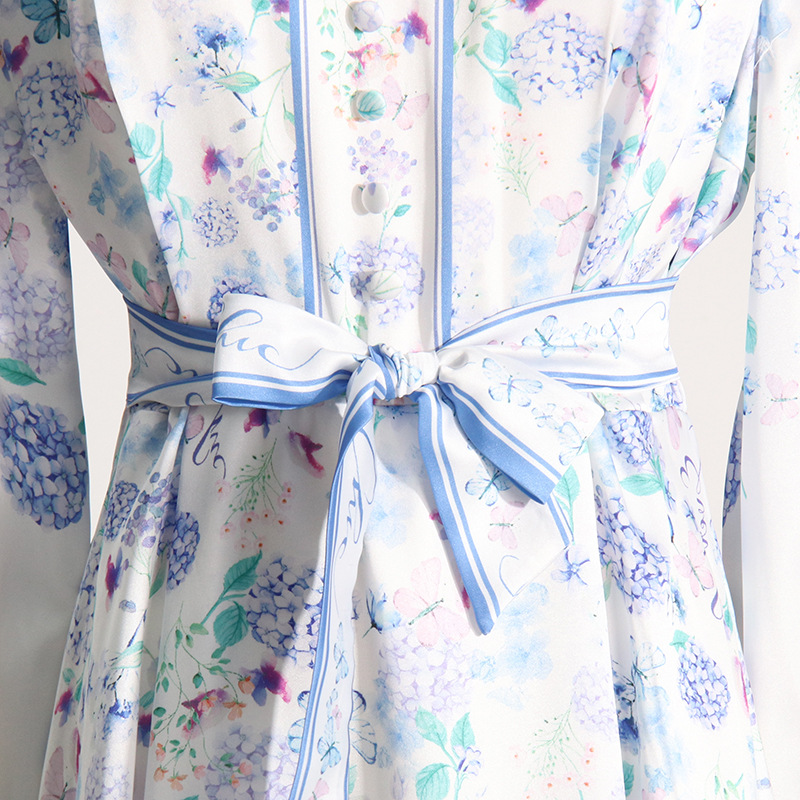 Floral lantern sleeve cstand collar dress