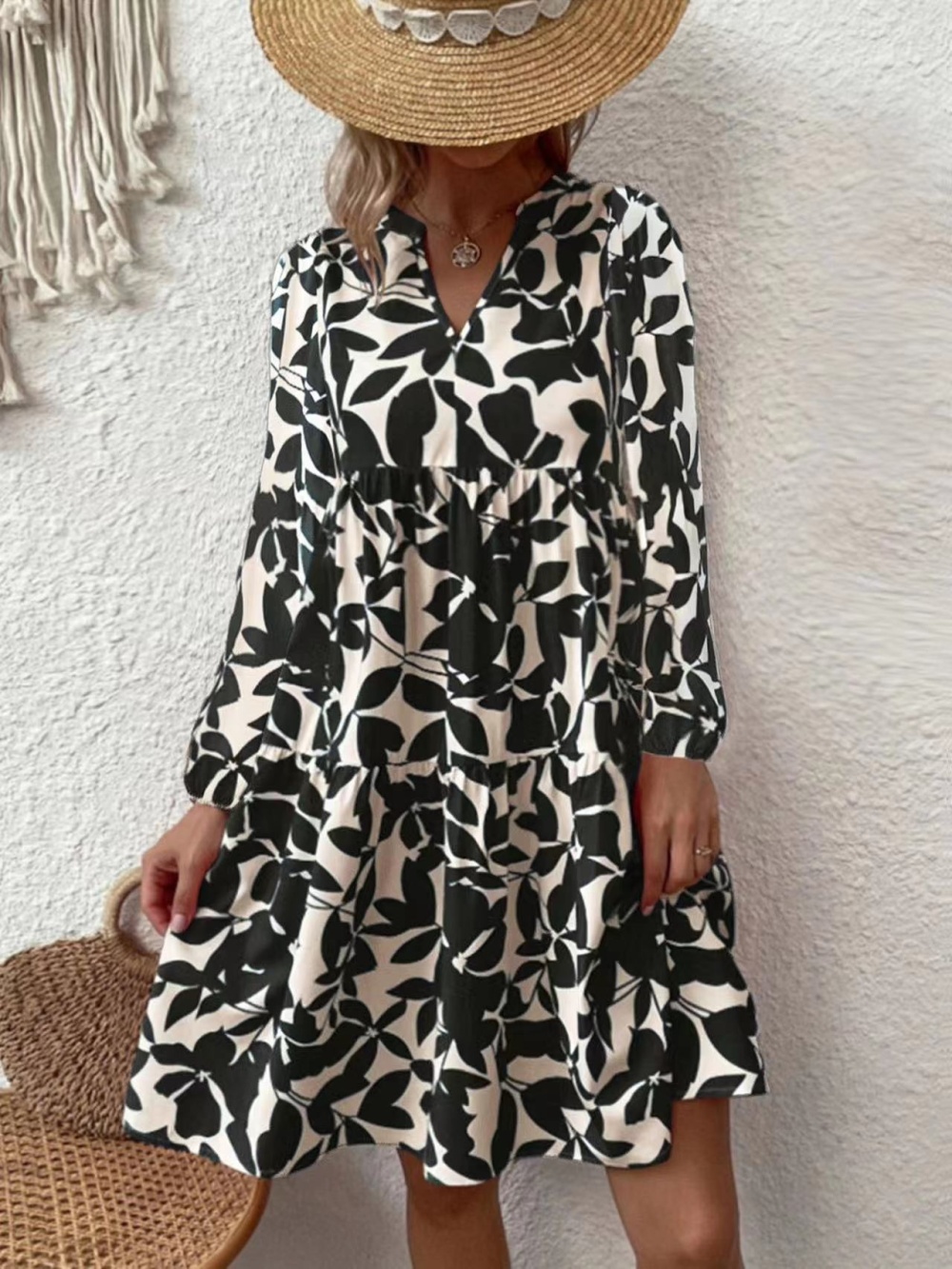 Bohemian style fold V-neck printing loose dress