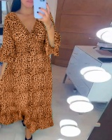 Long all-match leopard sandy beach V-neck autumn dress