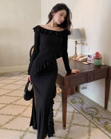 Temperament wood ear black dress for women