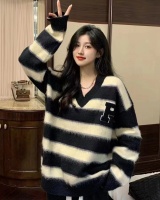 Lazy stripe V-neck winter large yard sweater for women