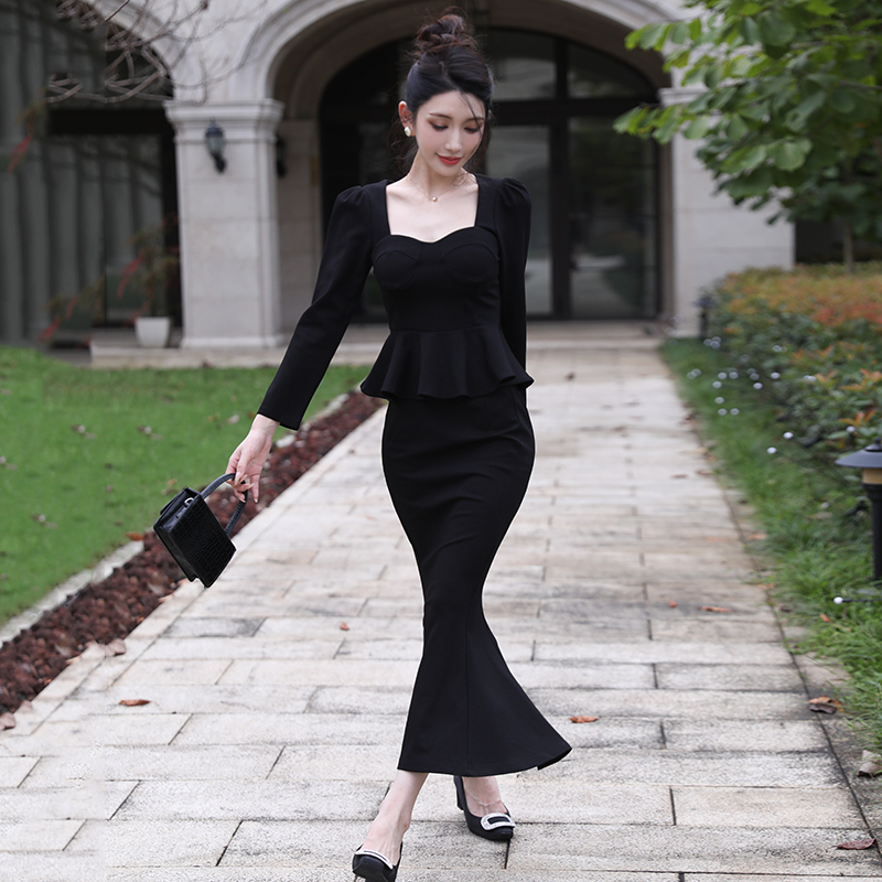 Long sleeve Hepburn style skirt 2pcs set for women