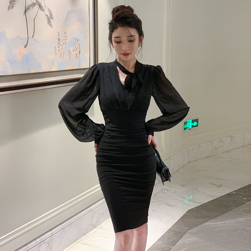 Slim autumn long sleeve streamer Korean style package hip dress